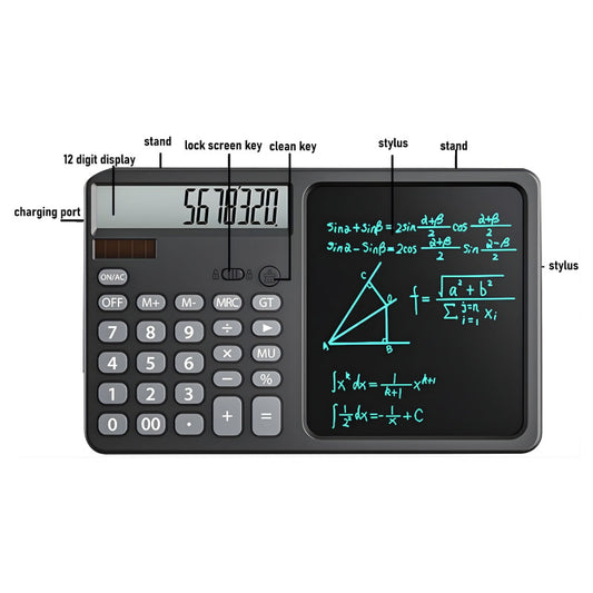 LCD Writing Tablet with Solar Calculator 2-in-1 - 12-Digit Portable Notepad Memo Office Student
