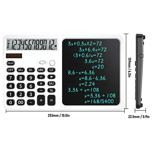 LCD Writing Tablet with Solar Calculator 2-in-1 - 12-Digit Portable Notepad Memo Office Student